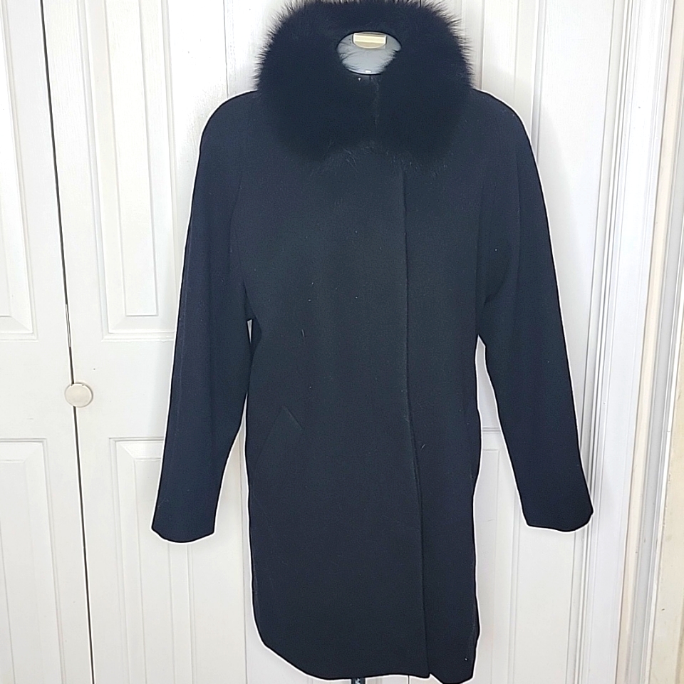 Forecaster Of Boston Wool Long Coat With Fox Fur Collar Size 8 Black Vintage